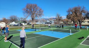Pickleball players enjoying sunshine on a beautiful winter day in Montague, near Yreka.