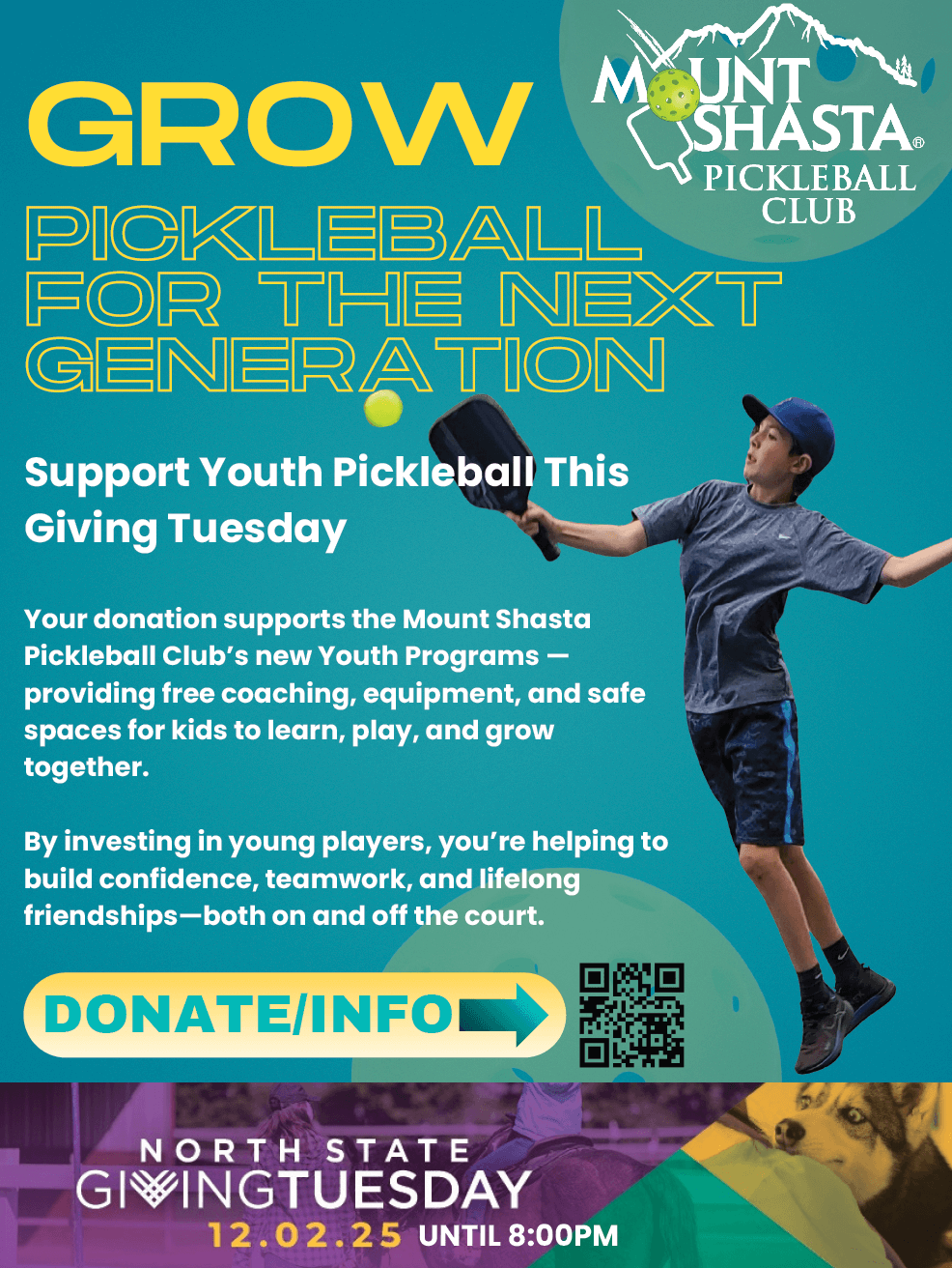 The Mount Shasta Pickleball Club Youth Program asks for your support this year on Giving Tuesday.