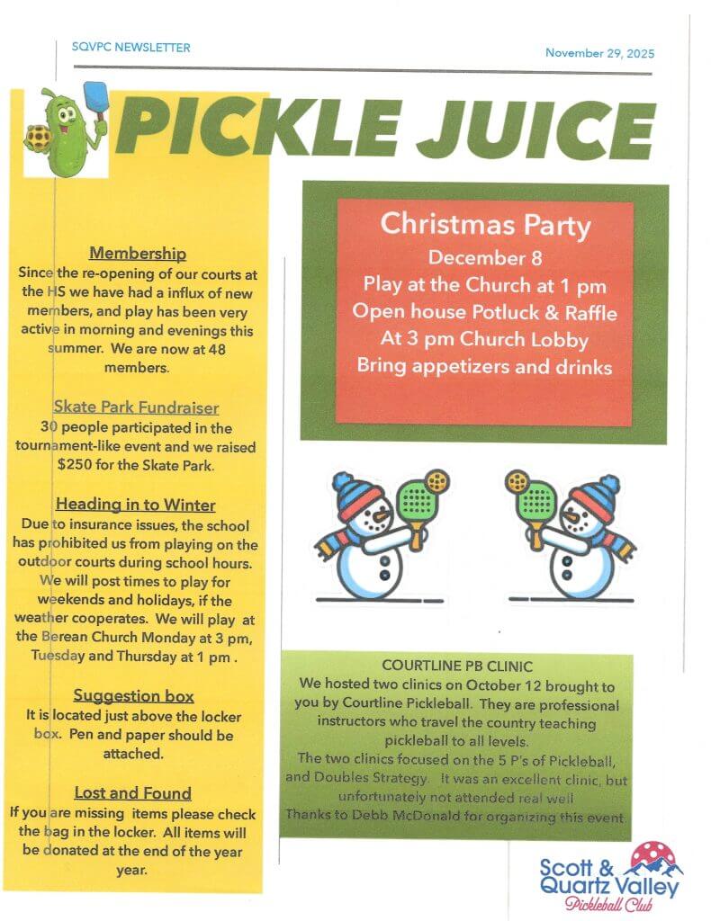 Scott and Quartz Valley Pickleball Club Nov 2025 Newsletter