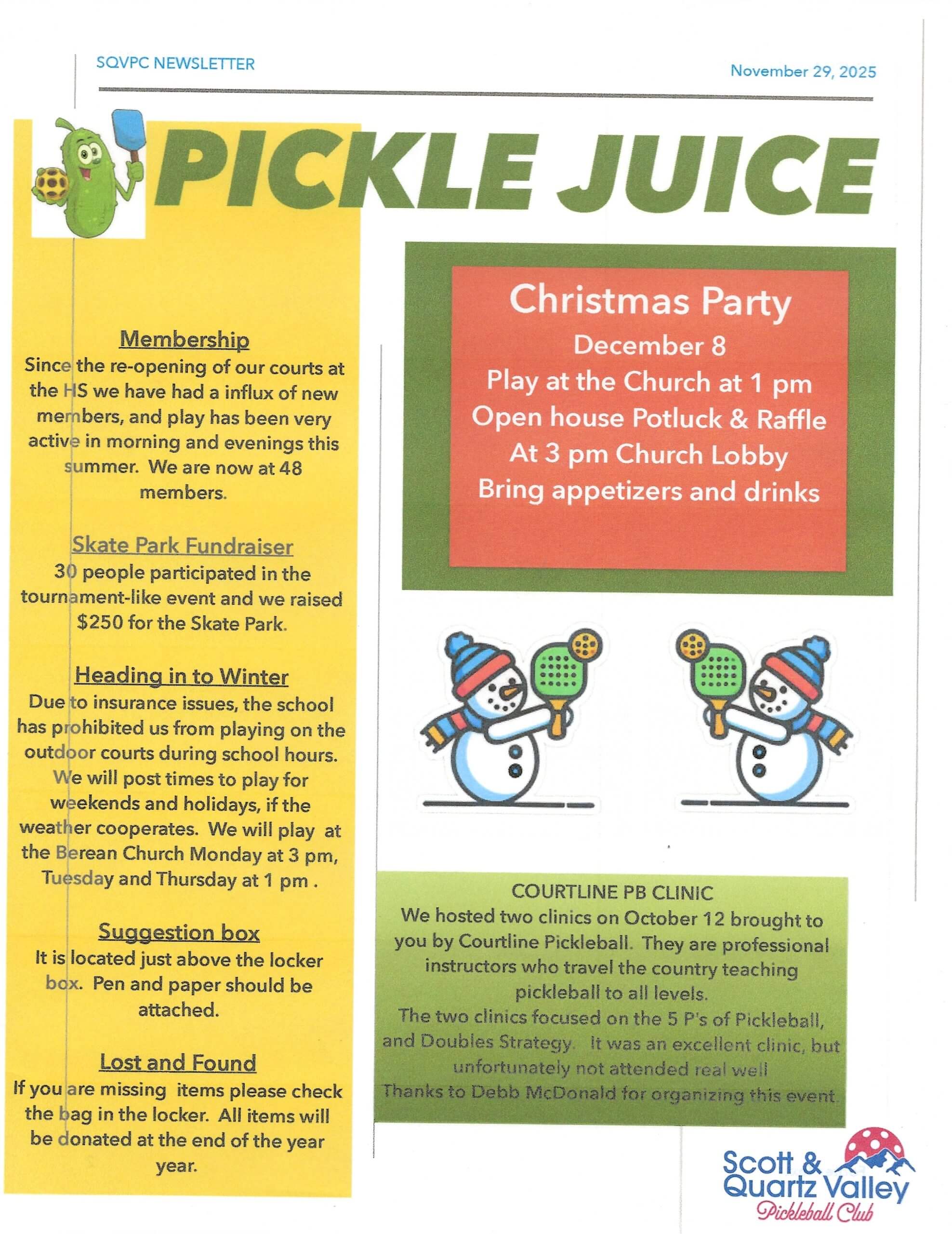 Scott and Quartz Valley Pickleball Club Nov 2025 Newsletter