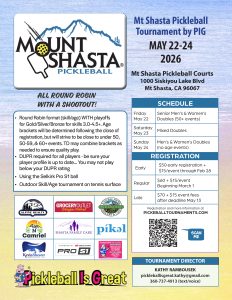 The 2026 Mount Shasta Pickleball Tournament, May 22-24: women's doubles, men's doubles, mixed doubles, by age group.